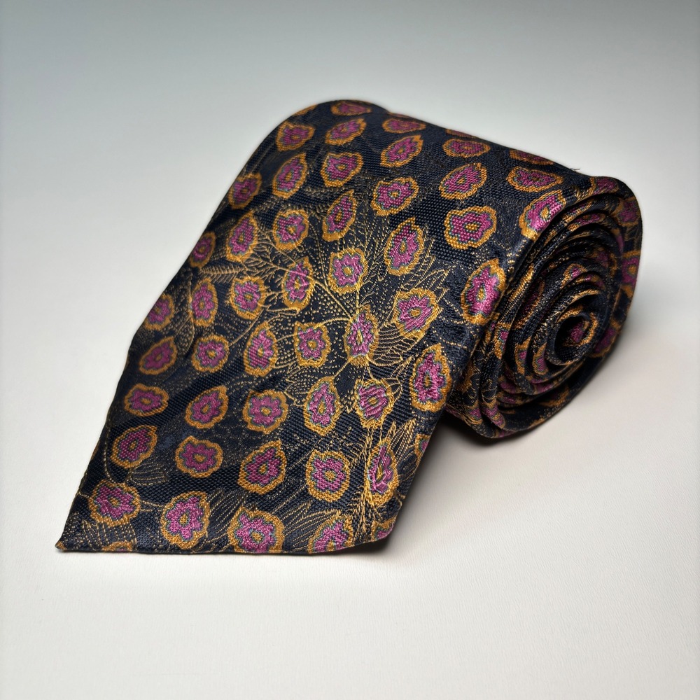 Polo Ralph Lauren VTG Silk Necktie Black Purple Floral Medallion Handmade Tie